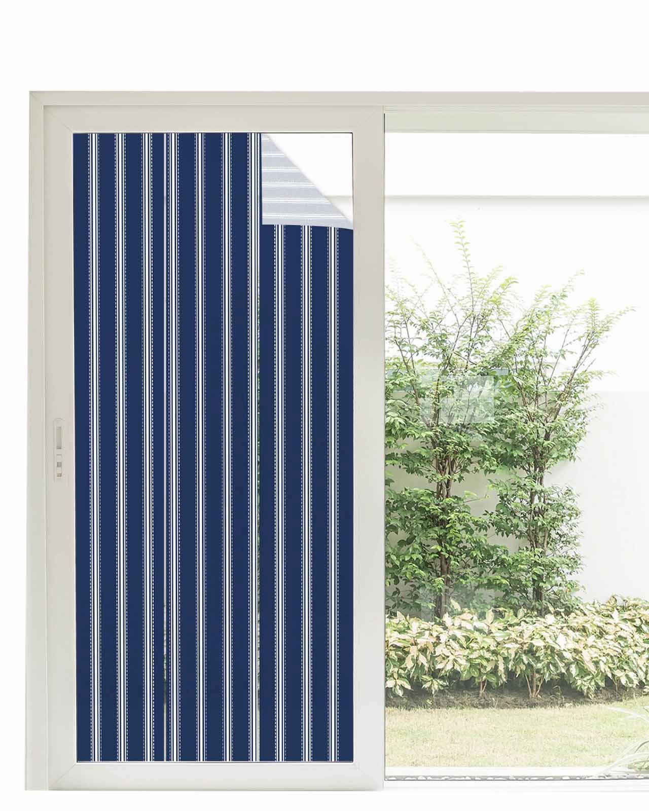 Window Privacy Film,Navy Blue White Stripes Sun Blocking Window Tint Film Heat Control One Way Blackout Window Film,Geometric Vertical Linens Modern Minimalism Non Adhesive Static Cling 35.4x78.7 In