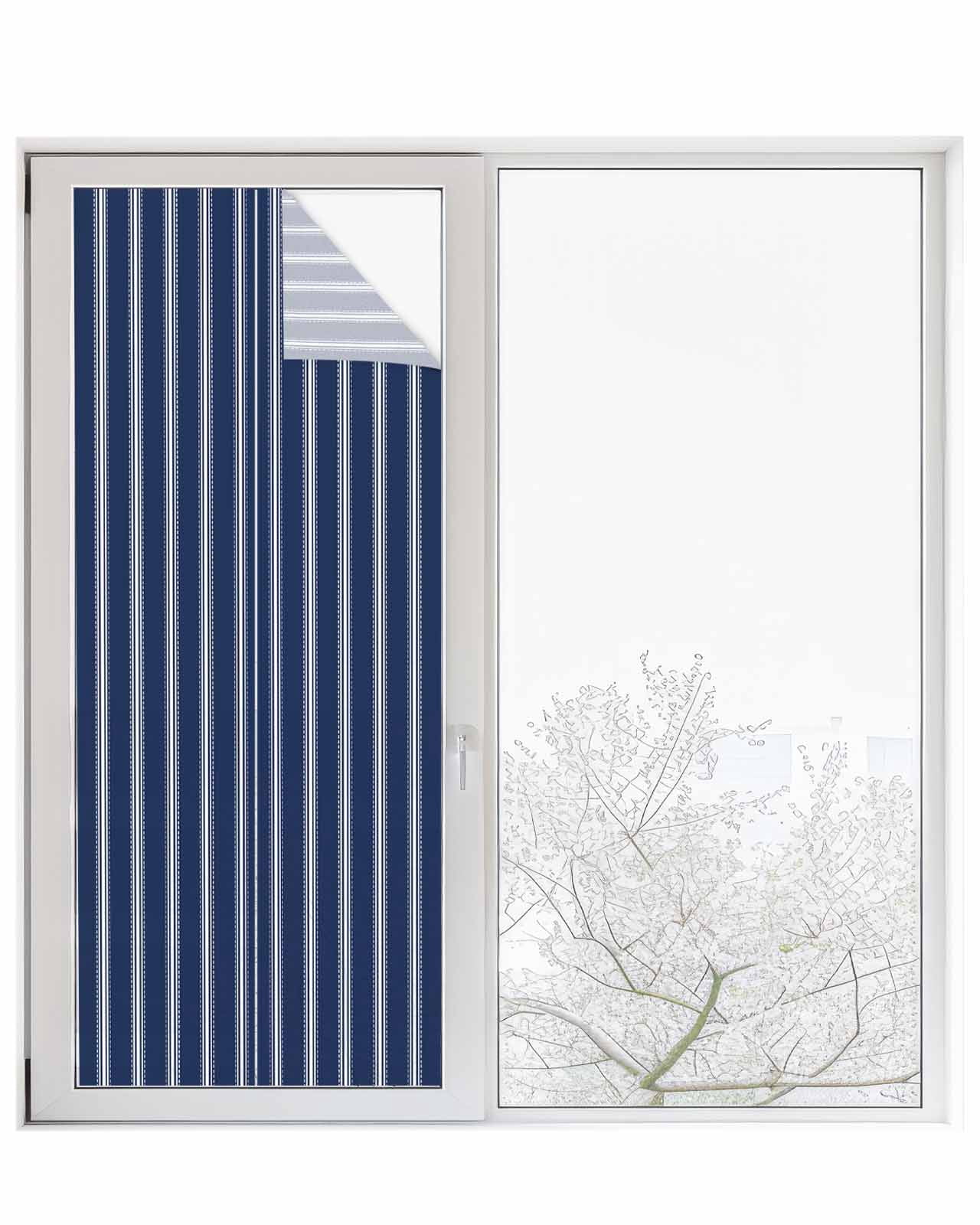 Window Privacy Film,Navy Blue White Stripes Sun Blocking Window Tint Film Heat Control One Way Blackout Window Film,Geometric Vertical Linens Modern Minimalism Non Adhesive Static Cling 29.5x78.7 In
