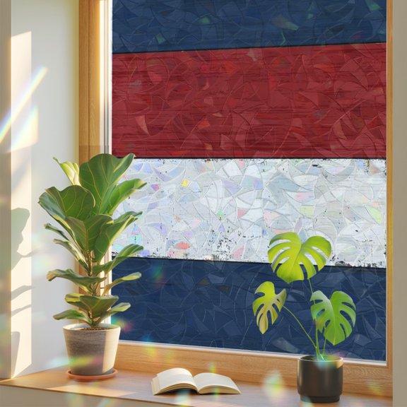 Window Privacy Film Navy Vintage Barn Wood Board Stained Glass Static Cling 18x39inch, Rustic Blue Red White Plank Rainbow Window Film Glass Sticker for Bathroom Bedroom Home