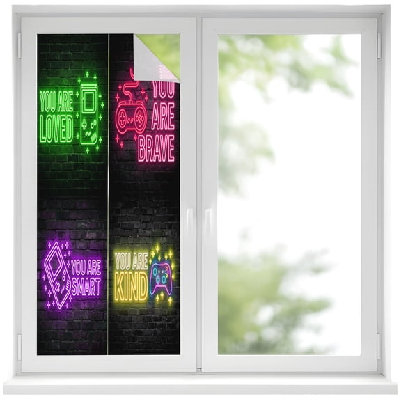 Window Privacy Film Neon Video Game Stained Glass Window Film Decorative Sun Block Window Cover Cartoon Funny Colorful Text Gaming Brick Window Clings Static Adhesive Sticker for Bathroom 19.6"x39.3"