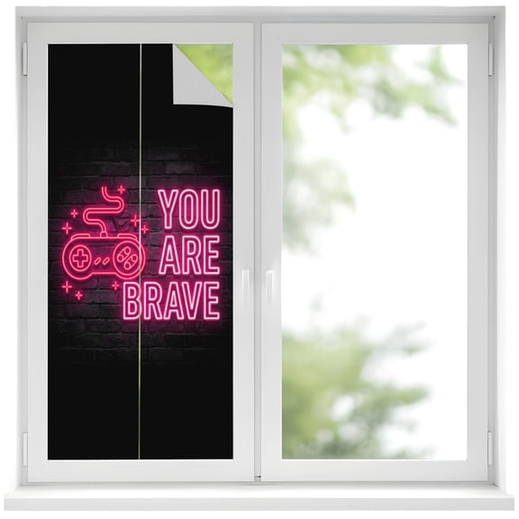 Window Privacy Film Neon Video Game Stained Glass Window Film Decorative Sun Block Window Cover Pink Text Graffiti Brick Art Black Window Clings Static Adhesive Sticker for Bathroom 19.6"x39.3"