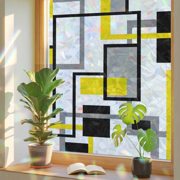 Window Privacy Film Nordic Mid Century Splicing Rectangle Stained Glass Static Cling 18x39inch, Yellow Grey Black Squares Rainbow Window Film Glass Sticker for Bathroom Bedroom Home