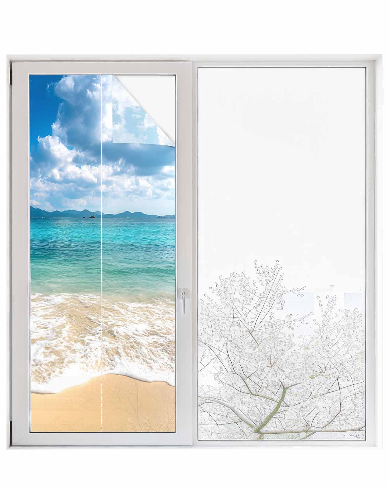 Window Privacy Film Ocean Beach Stained Glass Window Film Decorative Sun Block Window Cover Blue Sky Waves Sand Horizon Shore Summer Window Clings Static Adhesive Sticker for Bathroom 23.6"x59"