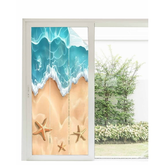Window Privacy Film Ocean Beach Stained Glass Window Film Decorative Sun Block Window Cover Starfish Sea Waves Coastal Seaside Sand Window Clings Static Adhesive Sticker for Bathroom 35.4"x78.7"