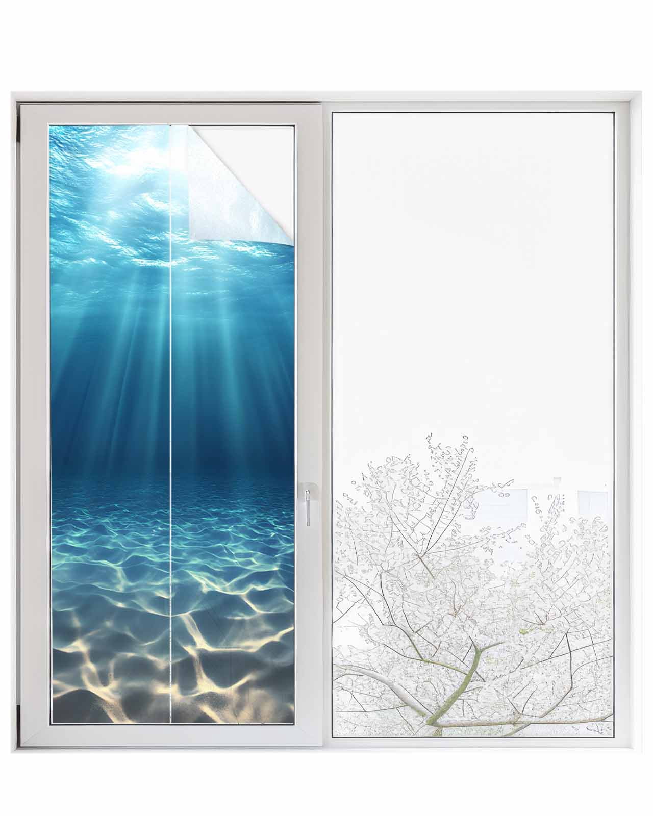 Window Privacy Film Ocean Blue Stained Glass Window Film Decorative Sun Block Window Cover Underwater Sun Light Coastal Sea Scenery Window Clings Static Adhesive Sticker for Bathroom 23.6"x59"