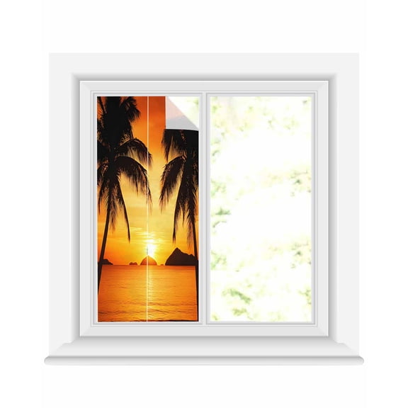 Window Privacy Film Ocean Coconut Stained Glass Window Film Decorative Sun Block Window Cover Orange Summer Sunset Seaside Scenery Window Clings Static Adhesive Sticker for Bathroom 19.6"x39.3"