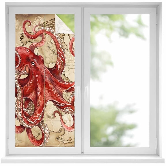 Window Privacy Film Ocean Red Octopus Stained Glass Window Film Decorative Window Cover Coastal Anchor Sea Boat Retro World Map Window Clings Static Adhesive Sticker for Bathroom 17.7"x39.3"