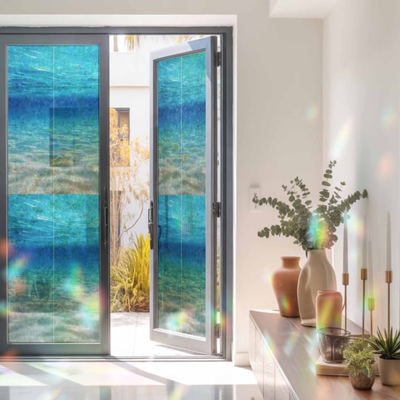 Window Privacy Film, Ocean Sea Stained Glass Rainbow Film Underwater Blue Ombre Waves Seascape Sand Beach Decorative Window Clings, Static Cling Sun Blocking Stickers For Bathroom Bedroom 17.7"x78.7"