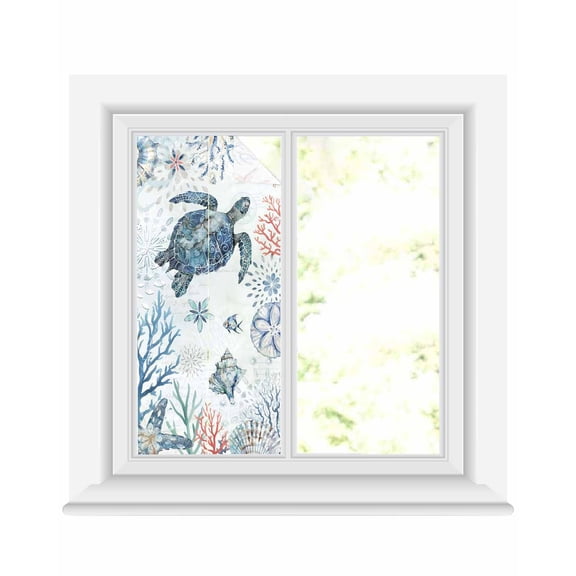 Window Privacy Film Ocean Sea Turtle Stained Glass Window Film Decorative Sun Block Window Cover Summer Coastal Coral Flower Shells Window Clings Static Adhesive Sticker for Bathroom 17.7"x39.3"