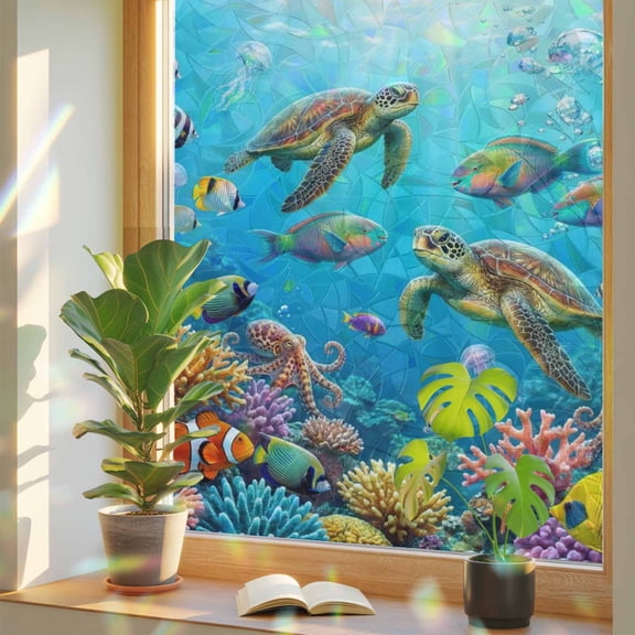 Window Privacy Film Ocean Seafloor Stained Glass Window Film Jellyfish Fish Coral Rainbow Static Window Clings for Glass Windows Home Bathroom Living Room Office Glass Door Sticker 17.7"39.3"