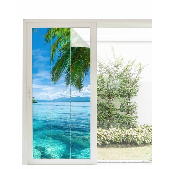 Window Privacy Film Ocean Stained Glass Window Film Decorative Sun Block Window Cover Blue Sky Palm Tree Beach Scenery Forest Shore Window Clings Static Adhesive Sticker for Bathroom 35.4"x78.7"