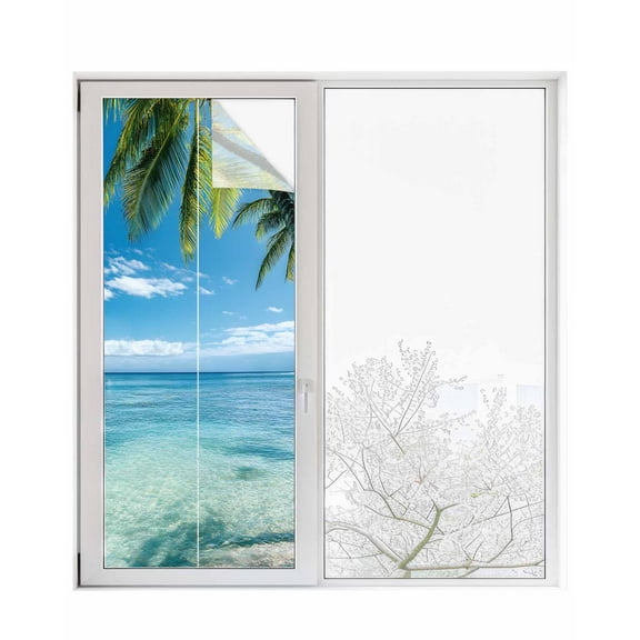 Window Privacy Film Ocean Stained Glass Window Film Decorative Sun Block Window Cover Summer Palm Trees Blue Sky Beach Scenery Window Clings Static Adhesive Sticker for Bathroom 29.5"x78.7"