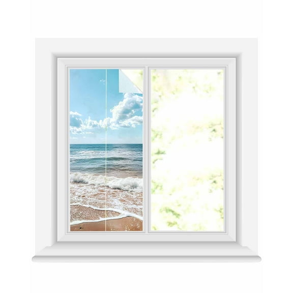 Window Privacy Film Ocean Stained Glass Window Film Decorative Sun Block Window Cover Summer Sandy Beach Blue Sky Coastal Waves Window Clings Static Adhesive Sticker for Bathroom 17.7"x39.3"