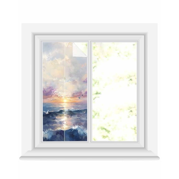 Window Privacy Film Ocean Sunset Stained Glass Window Film Decorative Sun Block Window Cover Seagull Modern Abstract Oil Painting Window Clings Static Adhesive Sticker for Bathroom 17.7"x39.3"
