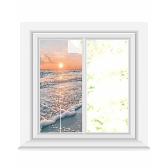Window Privacy Film Ocean Sunset Stained Glass Window Film Decorative Sun Block Window Cover Summer Beach Shore Sky Sun Scenery Window Clings Static Adhesive Sticker for Bathroom 19.6"x39.3"