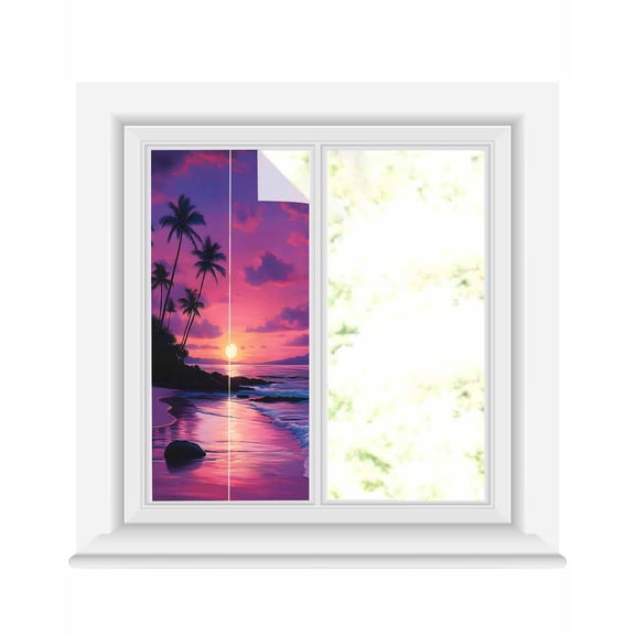 Window Privacy Film Ocean Sunset Stained Glass Window Film Decorative Sun Block Window Cover Summer Ocean Scenery Tropical Palm Tree Window Clings Static Adhesive Sticker for Bathroom 17.7"x39.3"
