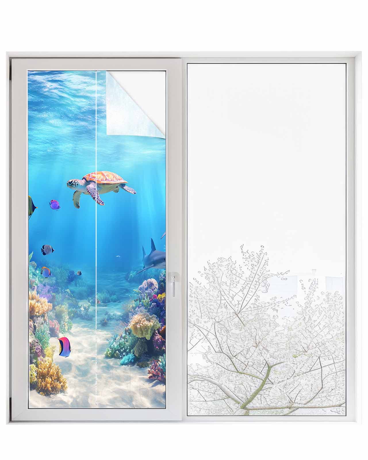 Window Privacy Film Ocean Turtle Stained Glass Window Film Decorative Sun Block Window Cover Blue Beach Summer Dolphin Whale Coral Fish Window Clings Static Adhesive Sticker for Bathroom 23.6"x59"
