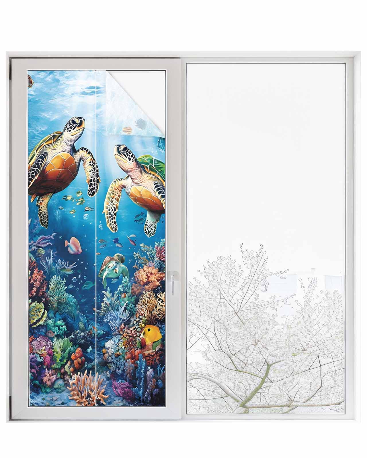 Window Privacy Film Ocean Turtle Stained Glass Window Film Decorative Sun Block Window Cover Sea Coral Underwater Animal Fish Blue Window Clings Static Adhesive Sticker for Bathroom 23.6"x59"