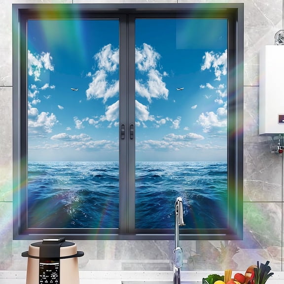 Window Privacy Film, Ocean View Static Cling Window Film, Removable Decorative Window Covering for Home Office Bedroom Bathroom, Blue Sea Sky Cloud Scene, 17.3 x 39.3 in
