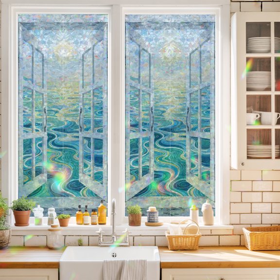 Window Privacy Film,Ocean View outside The Window Static Clings Decorative Rainbow Window Films Stickers Rising Sun Abstract Marine Sun Blocking Glass Cover for Home Bathroom Office,17.7"x39.3"