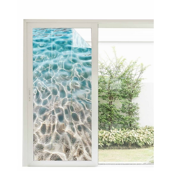 Window Privacy Film Ocean Water Ripple Stained Glass Window Film Decorative Sun Block Window Cover Summer Seaside Underwater Scene Window Clings Static Adhesive Sticker for Bathroom 35.4"x78.7"