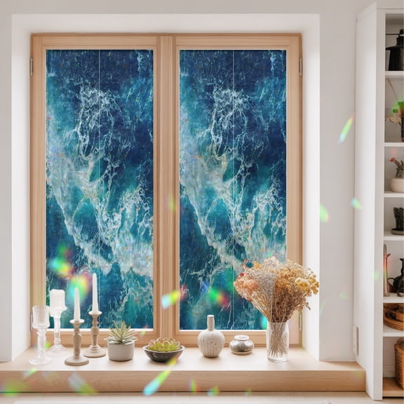 Window Privacy Film, Ocean Waves Stained Glass Rainbow Film Modern Nautical Dark Blue Ocean Waves Decorative Window Clings, Static Cling Sun Blocking Stickers For Bathroom Bedroom 23.6"x59"