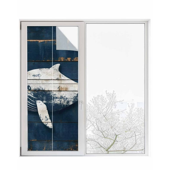 Window Privacy Film Ocean Whale Blue Stained Glass Window Film Decorative Sun Block Window Cover Coastal Vintage Wood Grain Window Clings Static Adhesive Sticker for Bathroom 23.6"x59"