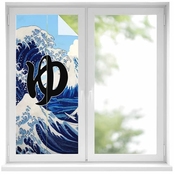Window Privacy Film Oceans Waves Stained Glass Window Film Decorative Sun Block Window Cover Mountain Peaks Cloudy Japanese Art Window Clings Static Adhesive Sticker for Bathroom 19.6"x39.3"
