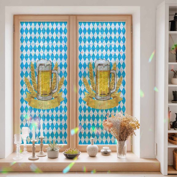 Window Privacy Film,Oktoberfest Theme Static Clings Decorative Rainbow Window Films Stickers Farmhouse Wheat Beer Diamond Plaid Sun Blocking Glass Cover for Home Bathroom Office,23.6"x59"