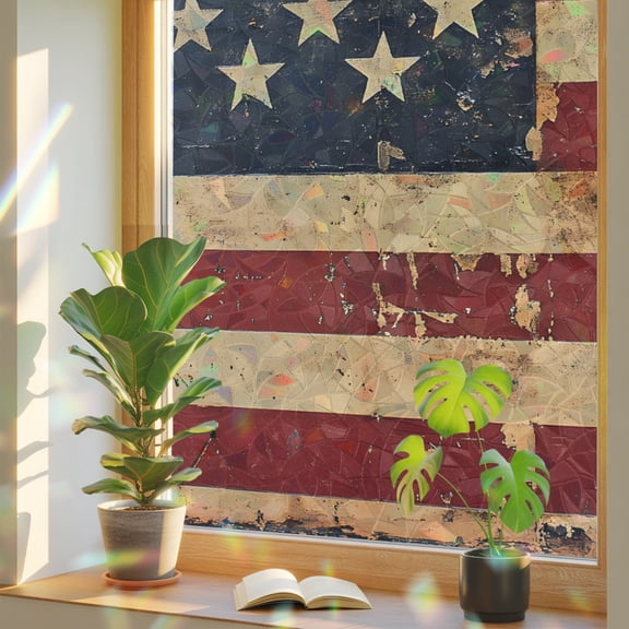 Window Privacy Film Old Vintage American Flag Patriot Stained Glass Static Cling 18x39inch, Stars and Stripes Rainbow Window Film Glass Sticker for Bathroom Bedroom Home