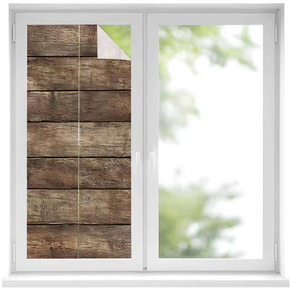 Window Privacy Film Old Wooden Board Stained Glass Window Film Decorative Sun Block Window Cover Rustic Farmhouse Brown Wooden Plank Window Clings Static Adhesive Sticker for Bathroom 17.7"x39.3"
