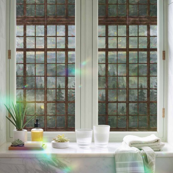 Window Privacy Film,Old Wooden Stained Windows Static Clings Decorative Rainbow Window Films Stickers Needle Forest Mountains Sun Blocking Glass Cover for Home Bathroom Office,17.7"x39.3"