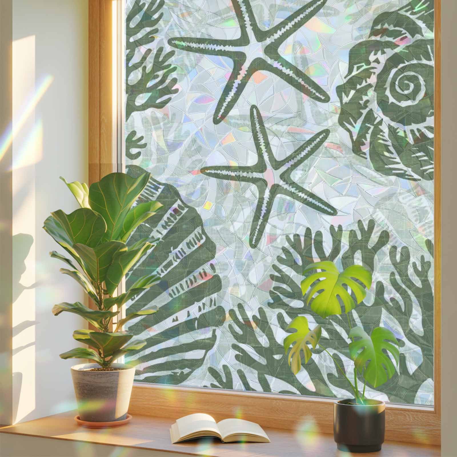 Window Privacy Film Olive Green Coastal Conch Stained Glass Window Film ...