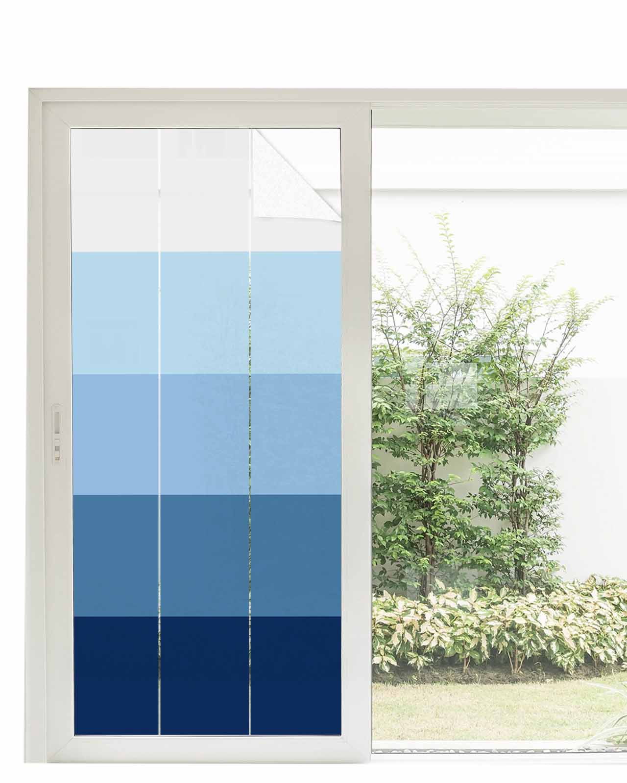 Window Privacy Film, Ombre Blue Grey UV Sun Blocking Window Tint Film Heat Control One Way Blackout Window Film, Simple Modern Farmhouse Stripes Non Adhesive Static Cling Window Sticker 35.4x78.7 In