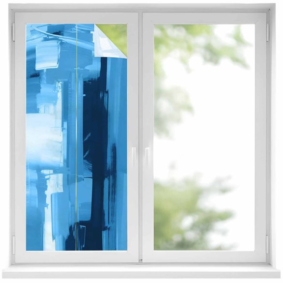 Window Privacy Film Ombre Blue Stained Glass Window Film Decorative Sun Block Window Cover Modern Abstract Oil Painting Geometric Artwork Window Clings Static Sticker for Bathroom 17.7"x39.3"