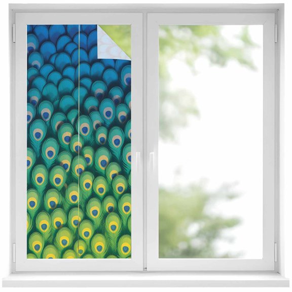 Window Privacy Film Ombre Peacock Stained Glass Window Film Decorative Sun Block Window Cover Vintage Abstract Peacock Feather Gradient Blue Window Clings Static Sticker for Bathroom 17.7"x39.3"