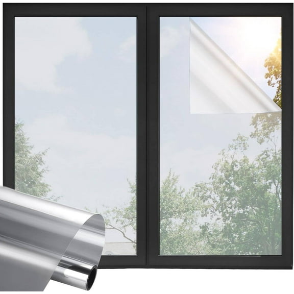Window Privacy Film One Way Daytime Privacy Static Cling, Mirror Vinyl Roll Heat Control Anti UV Window Tint for Home and Office,Non-Adhesive Window Film,Silver, 17.5" x 78.7"