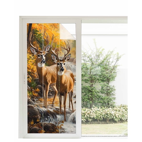 Window Privacy Film Orange Autumn Deer Stained Glass Window Film Decorative Sun Block Window Cover Vintage Forest River Window Clings Static Adhesive Sticker for Bathroom 35.4"x78.7"