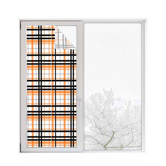 Window Privacy Film, Orange Black Grey Plaid UV Sun Blocking Window Tint Film Heat Control One Way Blackout Window Film, Simple Check Stripes Lines Country Non Adhesive Static Cling 29.5x78.7 In