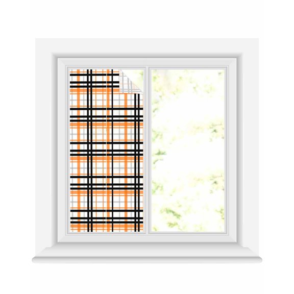 Window Privacy Film, Orange Black Grey Plaid UV Sun Blocking Window Tint Film Heat Control One Way Blackout Window Film, Simple Check Stripes Lines Country Non Adhesive Static Cling 17.7x39.3 In