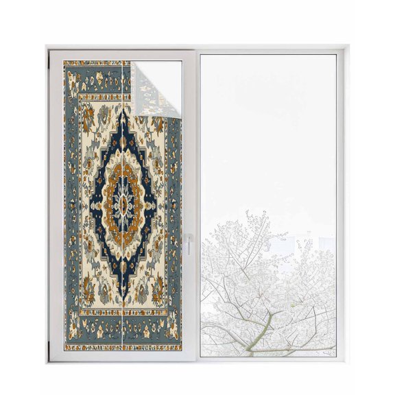 Window Privacy Film Orange Blue Boho Stained Glass Window Film Decorative Sun Block Window Cover Vintage Southwestern Geometric Ethnic Window Clings Static Adhesive Sticker for Bathroom 23.6"x59"