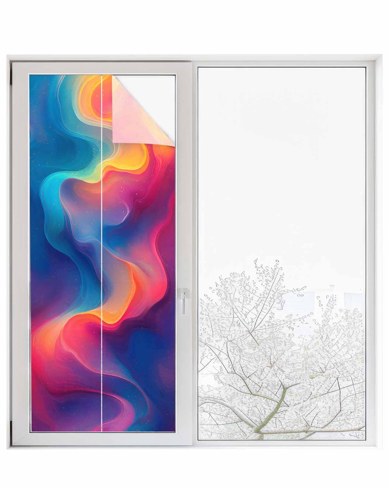 Window Privacy Film Orange Blue Pink Stained Glass Window Film Decorative Sun Block Window Cover Modernism Water Ripple Moire Window Clings Static Adhesive Sticker for Bathroom 23.6"x59"