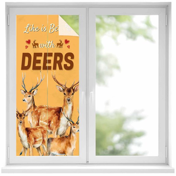Window Privacy Film Orange Deer Stained Glass Window Film Decorative Sun Block Window Cover Wildlife Animals Rustic Farmhouse Elk Window Clings Static Adhesive Sticker for Bathroom 17.7"x39.3"