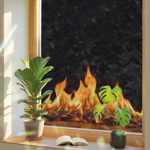 Window Privacy Film Orange Flames Stained Glass Window Film Burning Embers Ethereal Fire Rainbow Static Window Clings for Glass Windows Home Bathroom Living Room Office Glass Door Sticker 17.7"39.3"