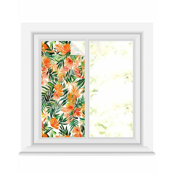 Window Privacy Film Orange Green Tropical Leaves Stained Glass Window Film Decorative Sun Block Window Cover Summer Palm Floral Window Clings Static Adhesive Sticker for Bathroom 19.6"x39.3"