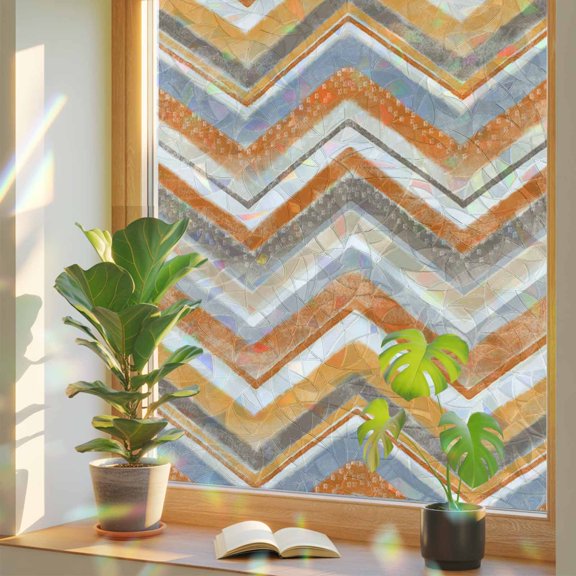 Window Privacy Film Orange Grey Chevron Stained Glass Window Film Geometric Design Stripe Rainbow Static Window Clings for Glass Windows Home Bathroom Living Room Office Door Sticker 17.7"39.3"