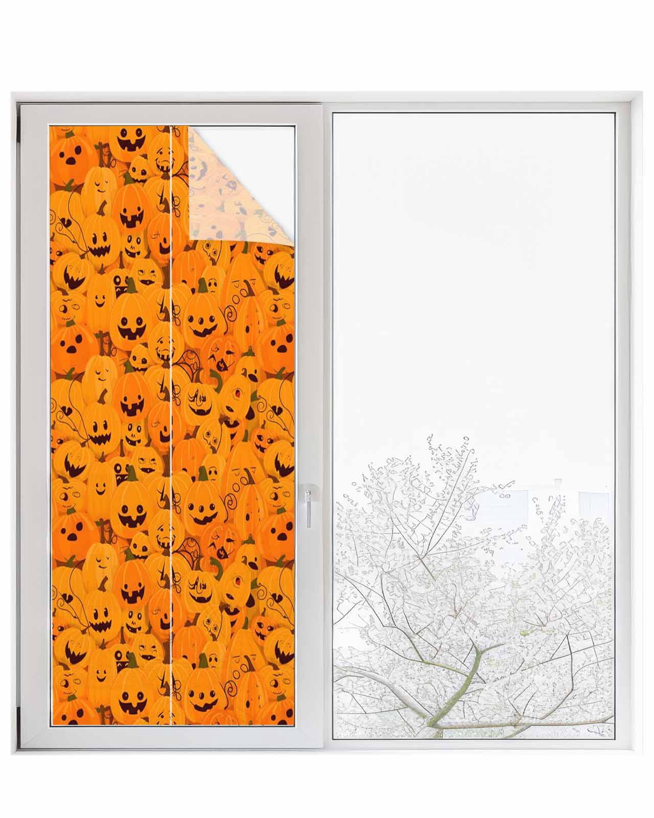 Window Privacy Film Orange Halloween Stained Glass Window Film Decorative Sun Block Window Cover Horror Pumpkins Evil Bat Window Clings Static Adhesive Sticker for Bathroom 23.6"x59"