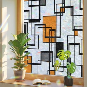 Window Privacy Film Orange Modern Geometric Stained Glass Window Film Abstract Lines Squares Rainbow Static Window Clings for Glass Windows Home Bathroom Living Room Office Door Sticker 17.7"39.3"