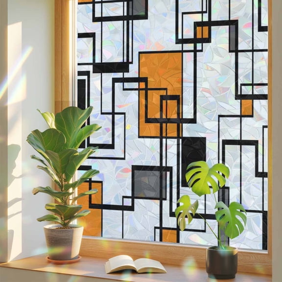 Window Privacy Film Orange Modern Geometric Stained Glass Window Film Abstract Lines Squares Rainbow Static Window Clings for Glass Windows Home Bathroom Living Room Office Door Sticker 17.7"39.3"