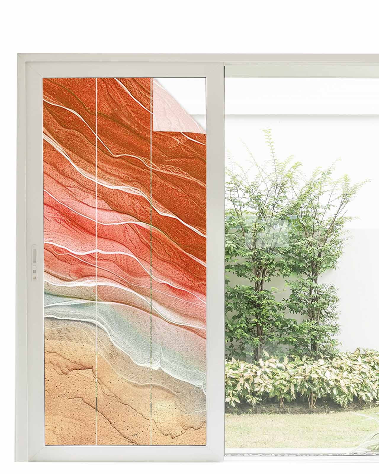Window Privacy Film,Orange Ocean Ombre UV Sun Blocking Window Tint Film Heat Control One Way Blackout Window Film,Spring Summer Coastal Sea Wave Non Adhesive Static Cling Window Sticker 35.4x78.7 In